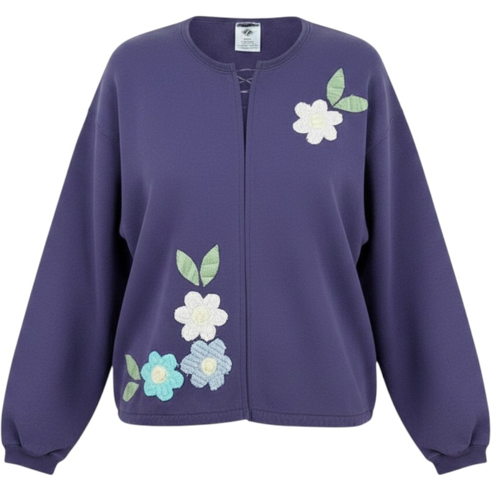 Jerzees Fleece Cardigan Womens XL Purple Floral Applique 90s Vintage Cottagecore